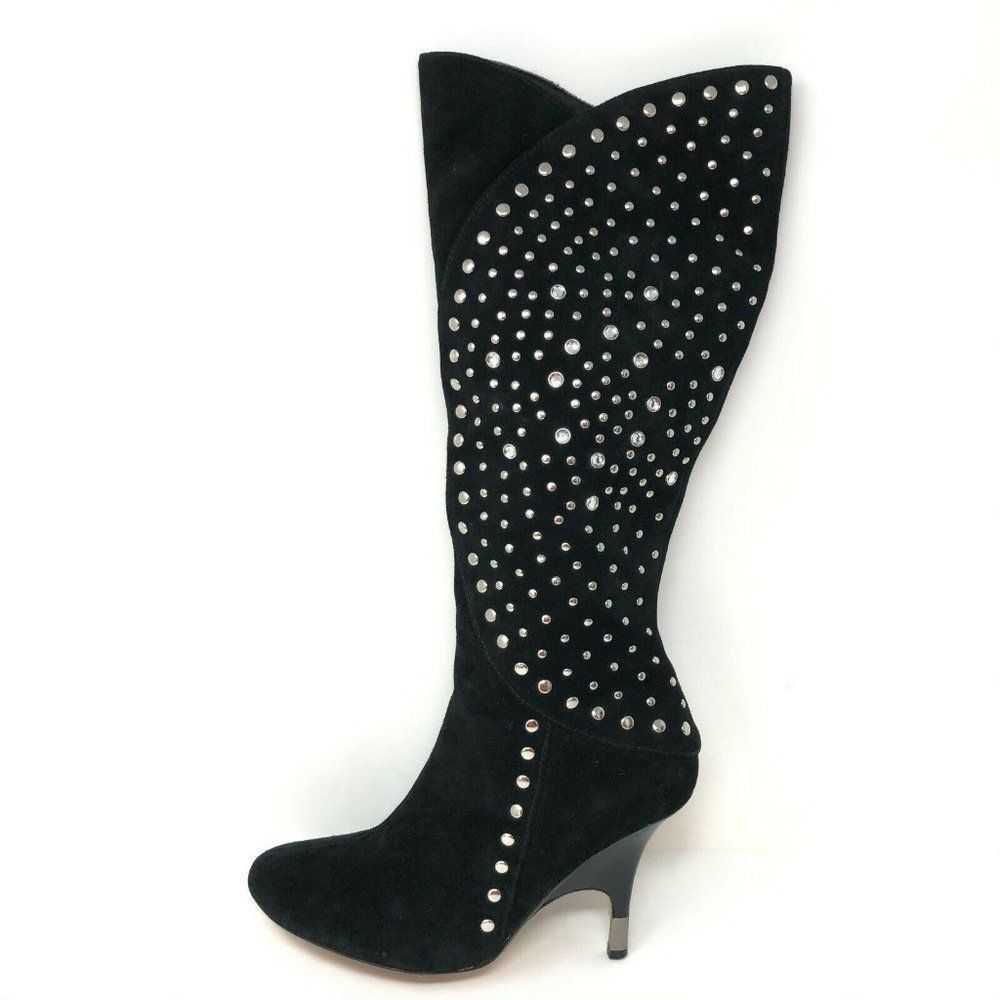 Kathy Van Zeeland Studded Black Suede Heeled Zip Up Knee High Boots 8